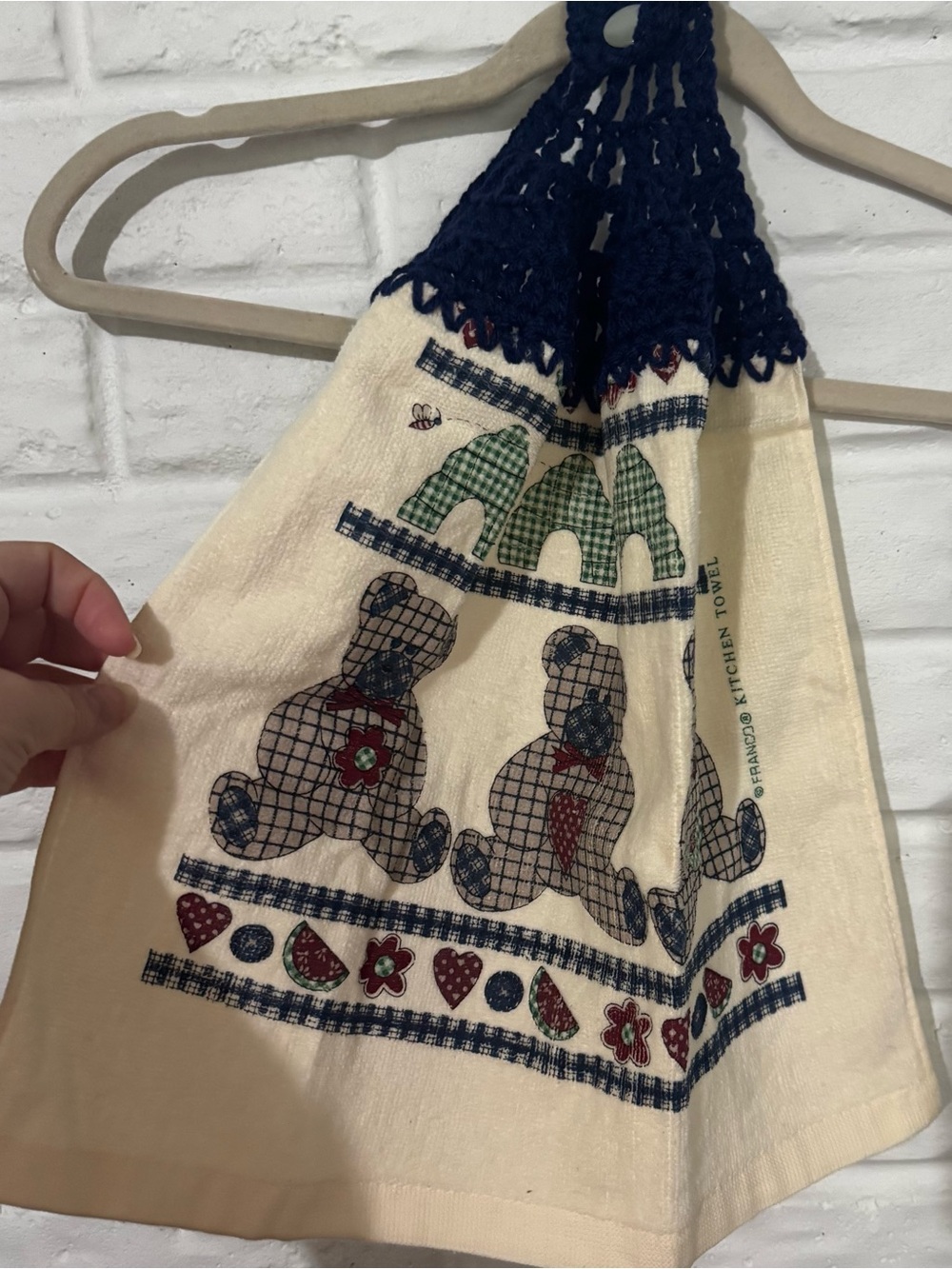 Vintage Hand Dish Towel Kitchen Navy Crochet Hanging Button Top Country Bears
